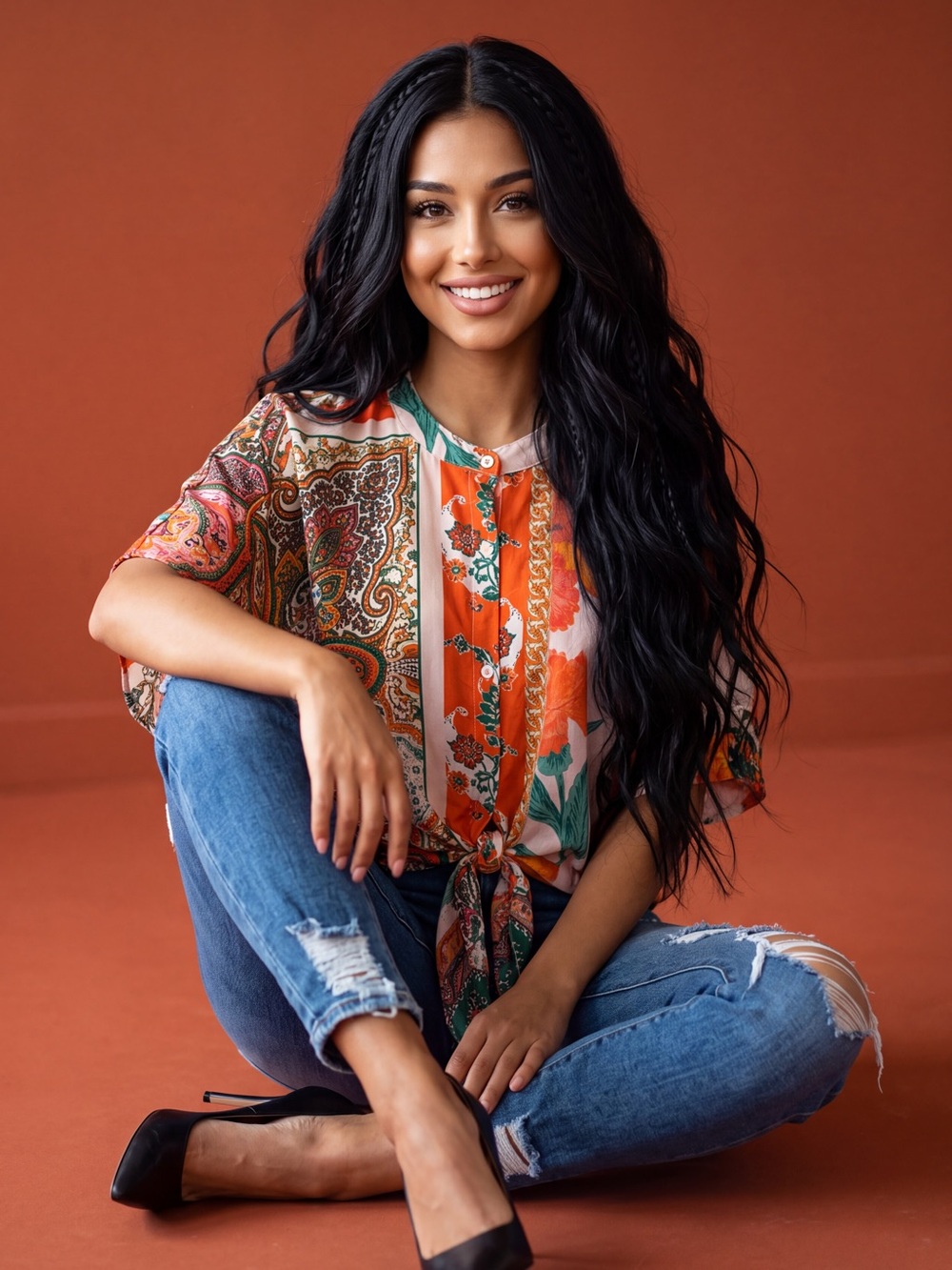 Umgee Orange Floral Paisley Tie-Front Blouse